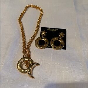 Vintage Piscitelli Gold Tone Celestial Necklace & Earrings Set Moon Stars
